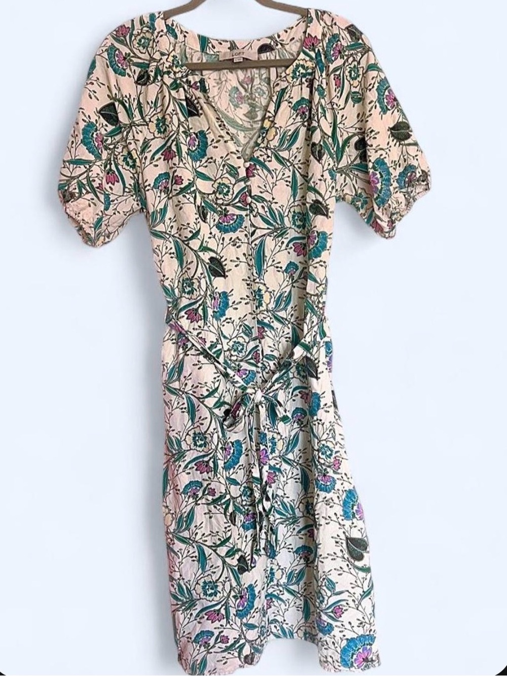 LOFT Linen Floral V-Neck Puff Sleeve Midi Dress